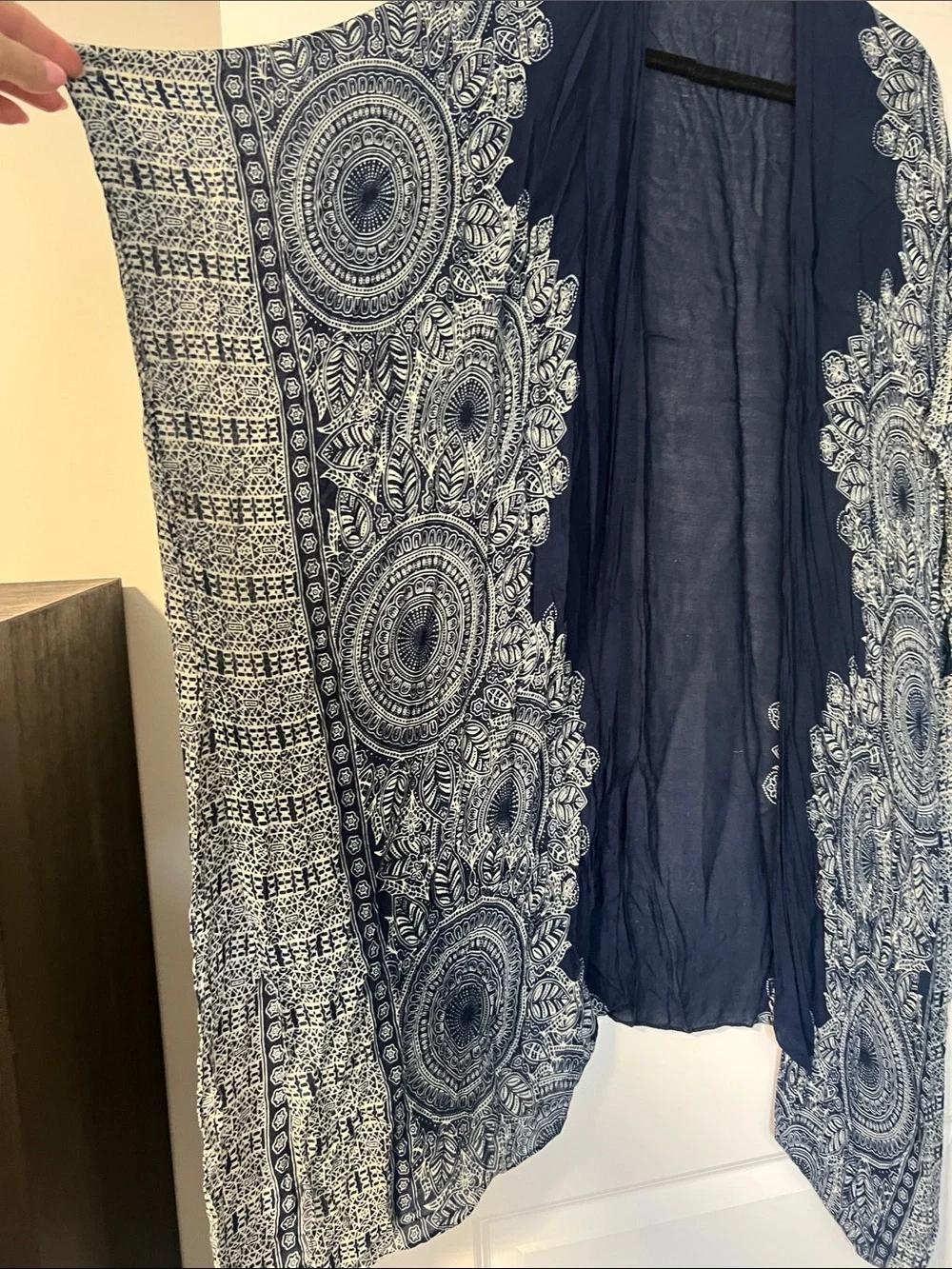 Navy & White Printed Sheer Swim Coverup Kimono